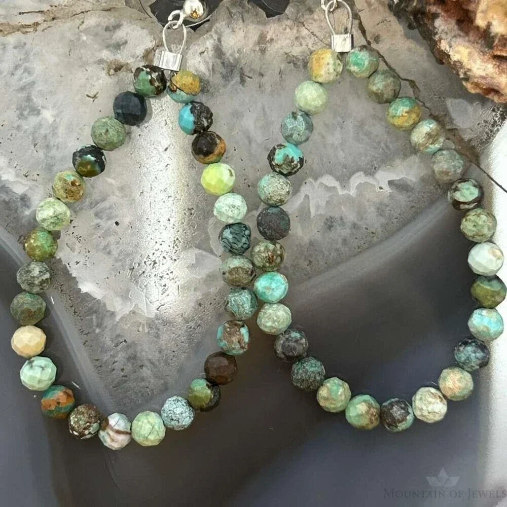 Sterling Silver Faceted Hubei Turquoise Beads Hoop Earrings For Women